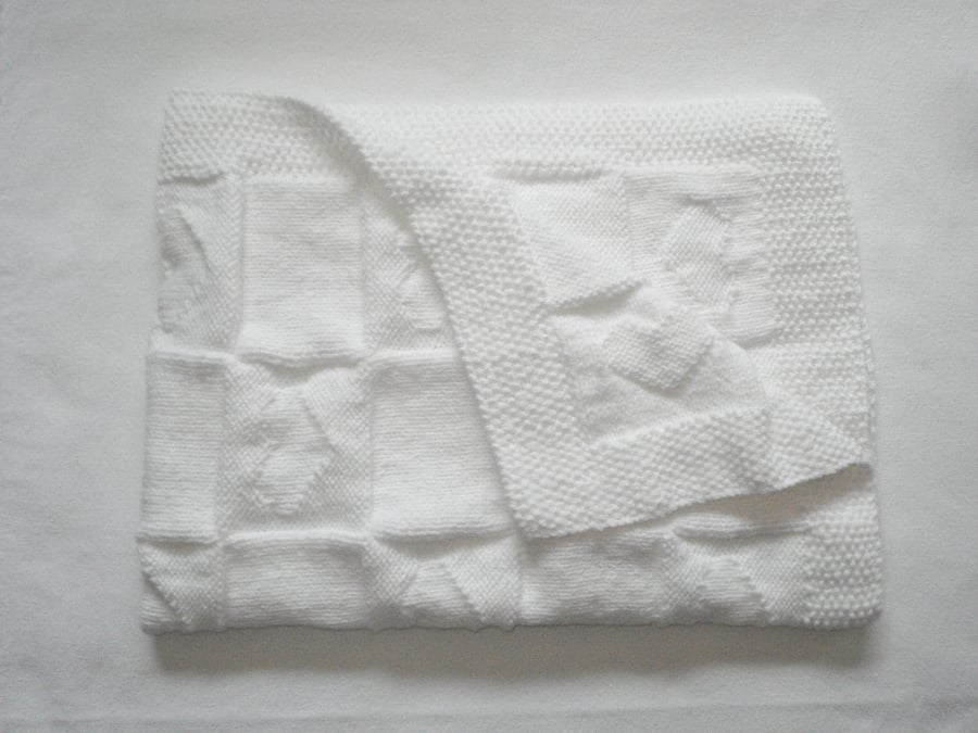 Baby Blanket With Heart Motif In Soft Pure White Yarn For A Boy Or Girl