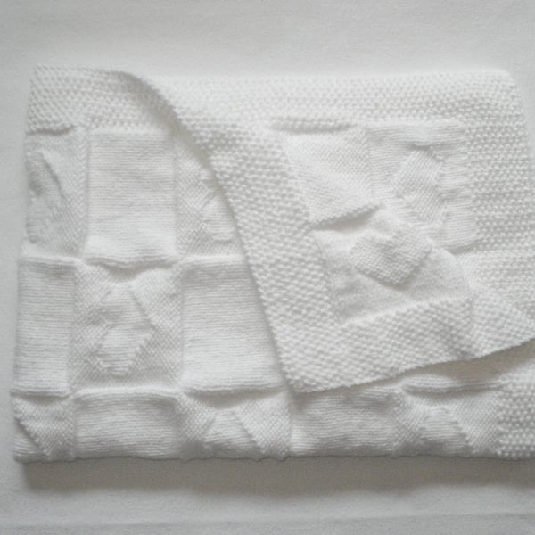 Baby Blanket With Heart Motif In Soft Pure White Yarn For A Boy Or Girl