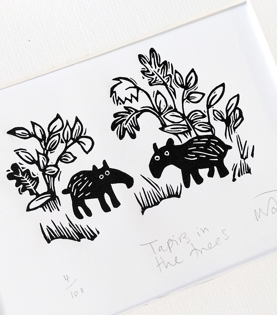 Tapirs in the trees - lino cut print