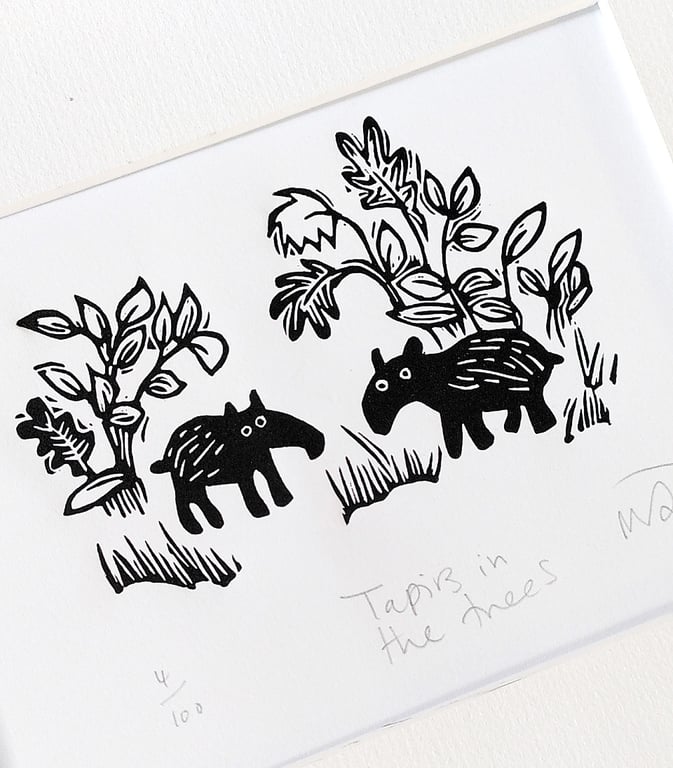 Tapirs in the trees - lino cut print