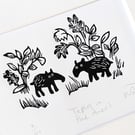 Tapirs in the trees - lino cut print