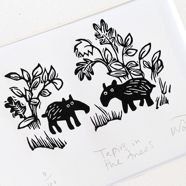 Tapirs in the trees - lino cut print