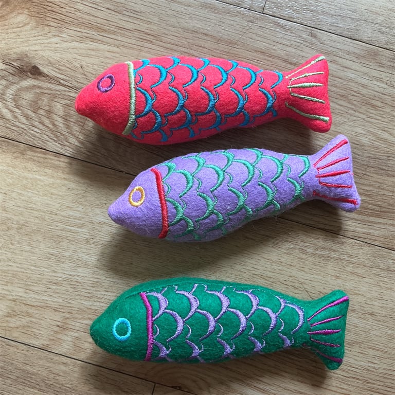 Small Embroidered Nordic fish , catnip kicker toy.