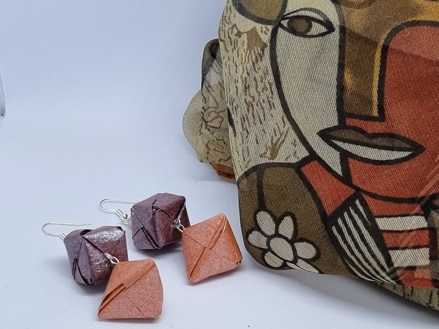 Origami earrings created with pearlescent shoyu paper in shades of brown