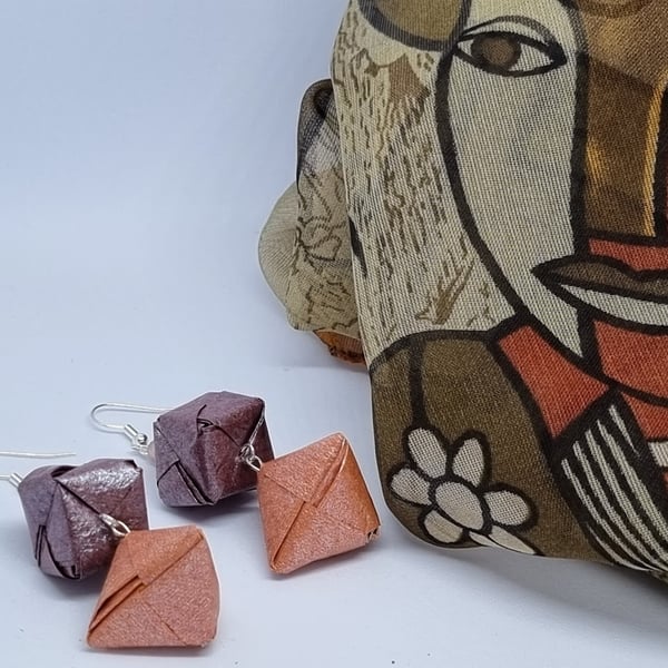 Origami earrings created with pearlescent shoyu paper in shades of brown
