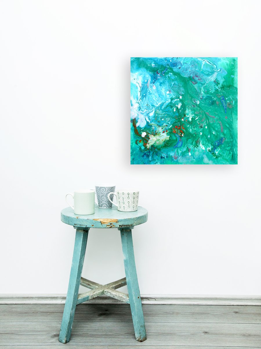 All at Sea - Green and Turquoise Square Abstract Painting by Louise Mead