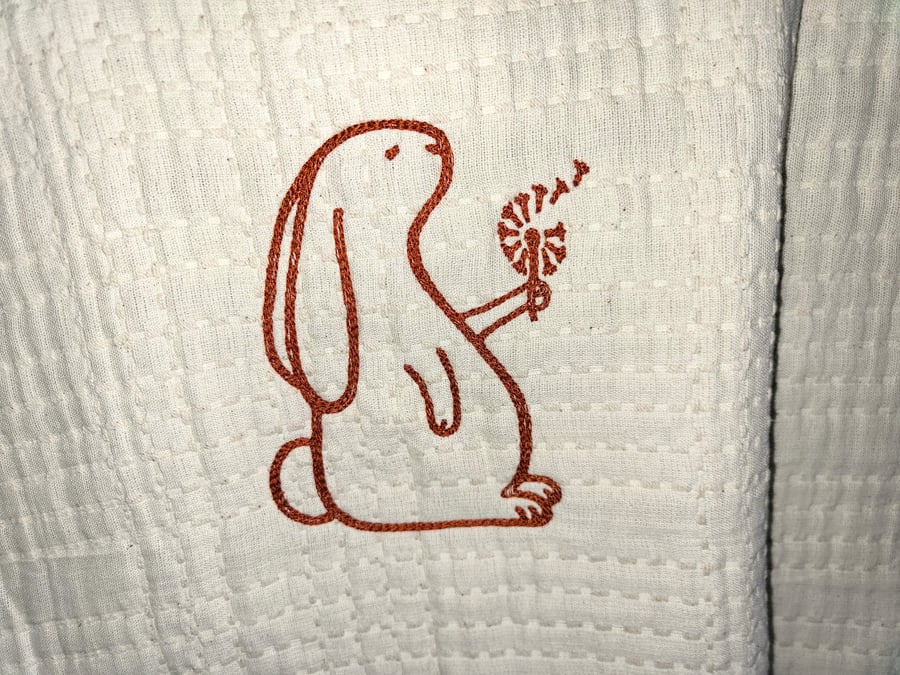 Embroidered Rabbit Ecru Cot Blanket Organic Cotton Heirloom