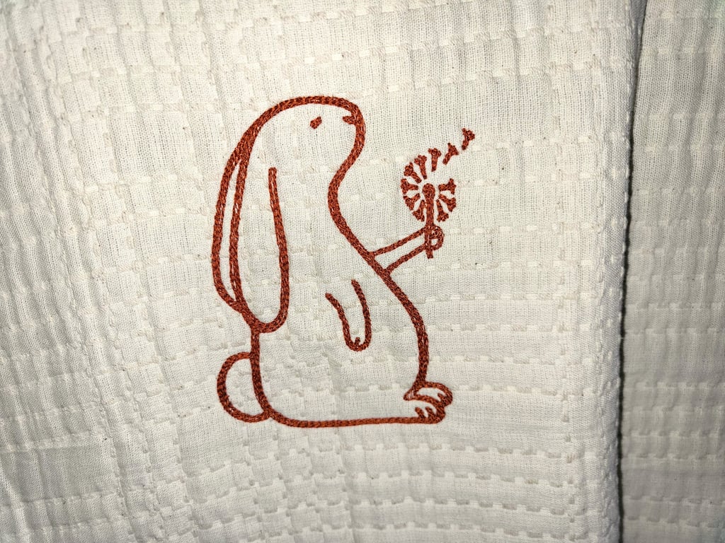 Embroidered Rabbit Ecru Cot Blanket Organic Cotton Heirloom