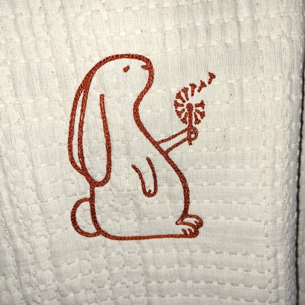 Embroidered Rabbit Ecru Cot Blanket Organic Cotton Heirloom