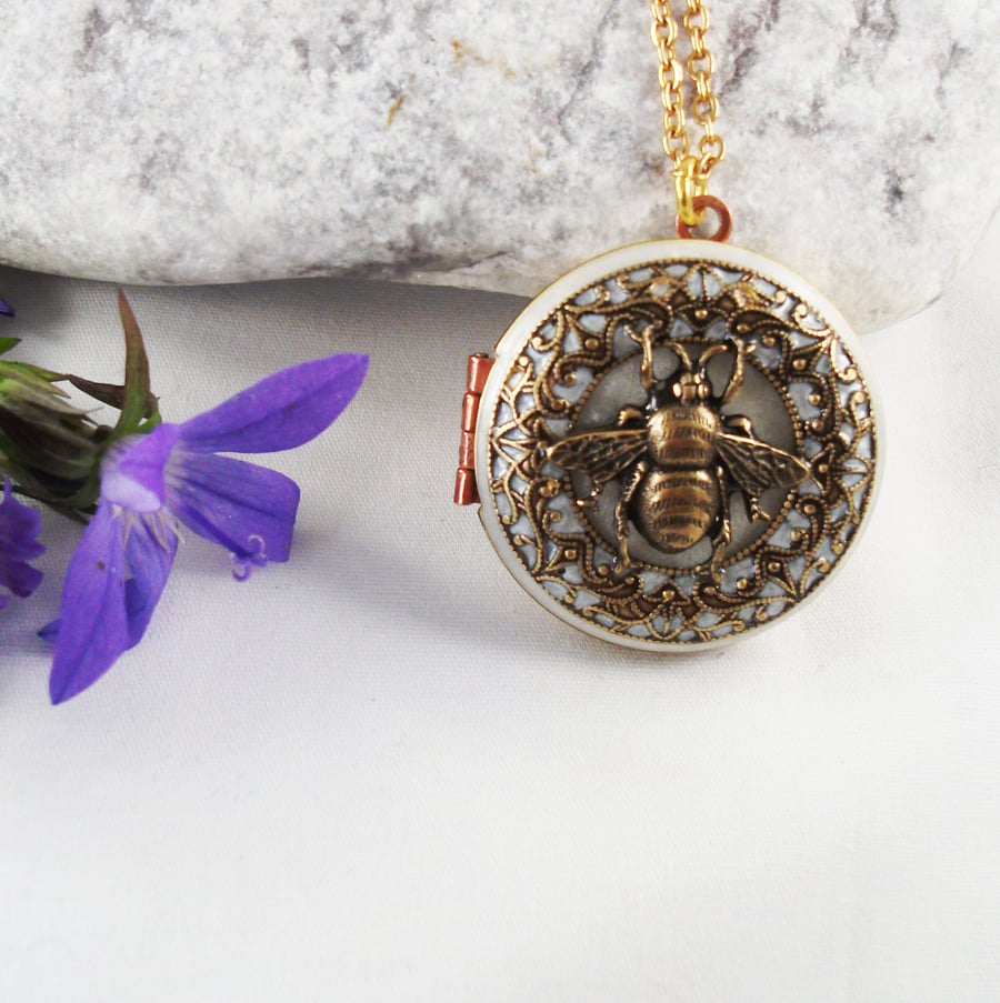 Vintage White Enamel Brass Bee Locket.