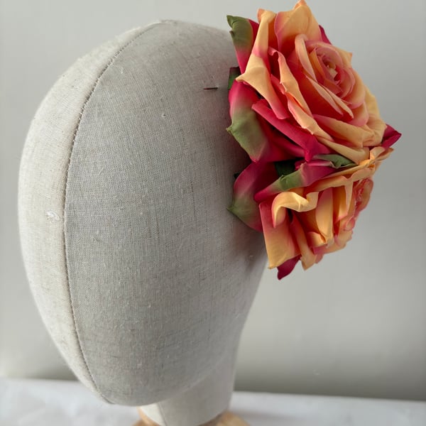 Pretty Brightly Coloured Double Rose Hair Clip 