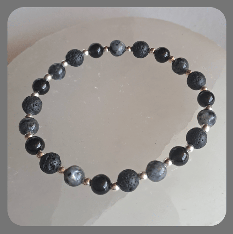 Aromatherapy bracelet with Onyx, Larvikite and Sterling Silver