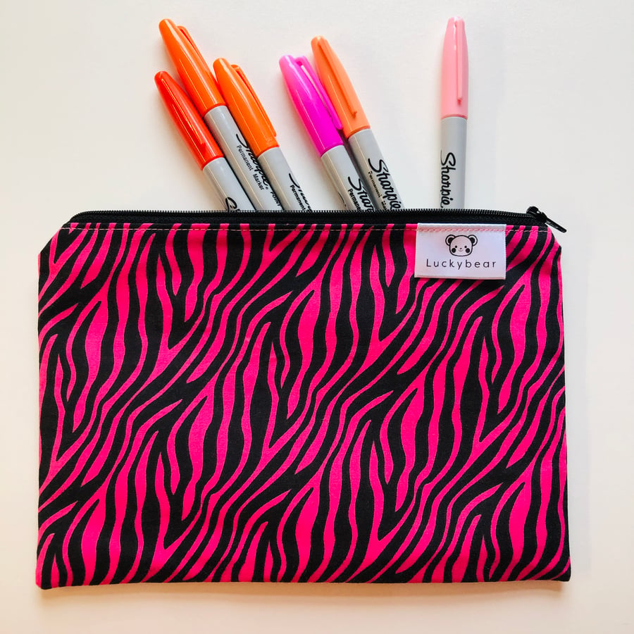 Hot pink animal print pouch, pink zebra print pouch, pink pouch, travel pouch