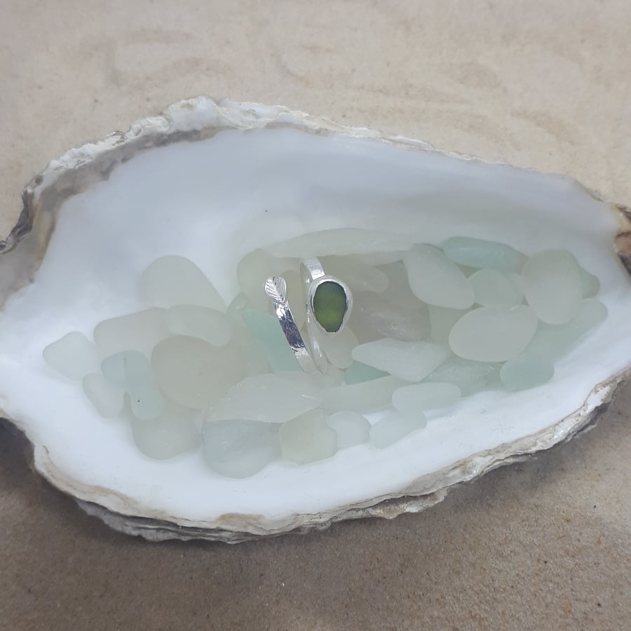 Olive green sea glass ring with silver leaf - adjustable ring DV2