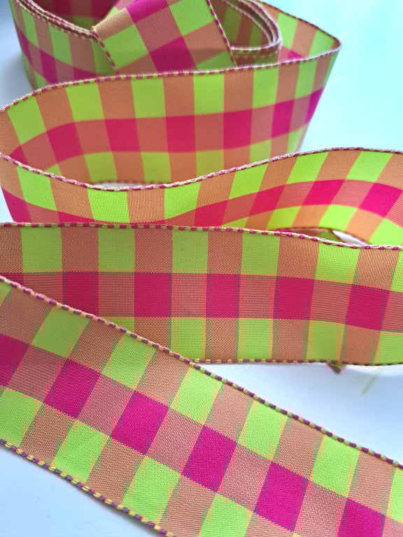2.5 metres of bright pink and green checked ribbon, 36mm wide