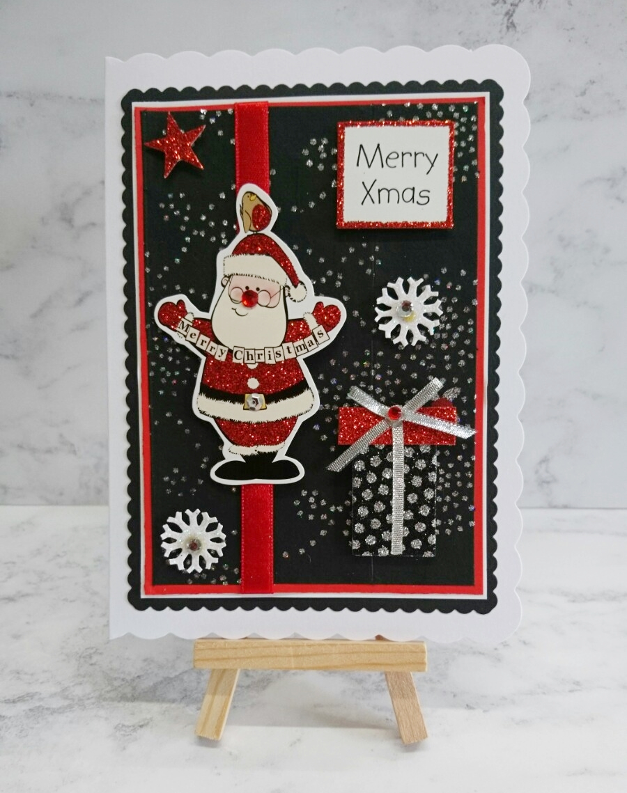 Christmas Card Merry Xmas Glitter Santa Gift and Snowflakes 3D Luxury Handmade