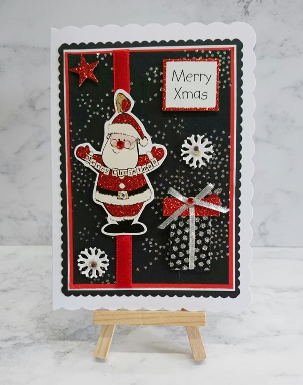 Christmas Card Merry Xmas Glitter Santa Gift and Snowflakes 3D Luxury Handmade
