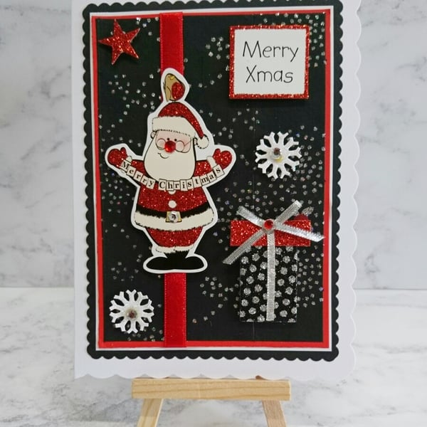 Christmas Card Merry Xmas Glitter Santa Gift and Snowflakes 3D Luxury Handmade