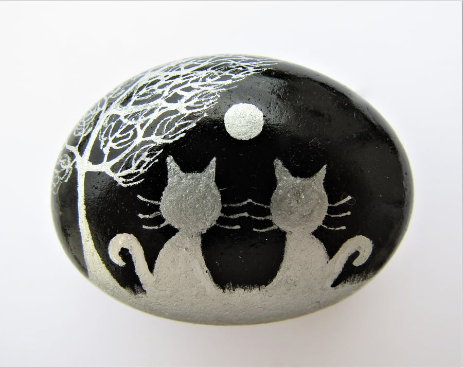 Cat Magnet, Hand Painted Stone, Two Cats Tree Moon, Rock Painting, Pebble Art