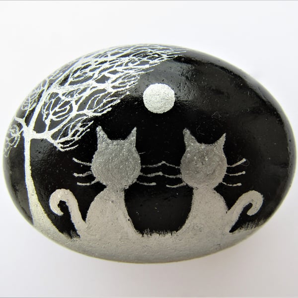 Cat Magnet, Hand Painted Stone, Two Cats Tree Moon, Rock Painting, Pebble Art