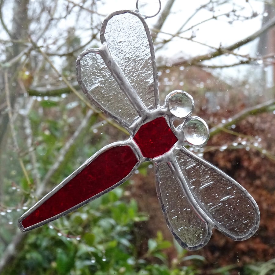 Stained Glass Small Dragonfly Suncatcher - Handmade Hanging Decoration - Red 