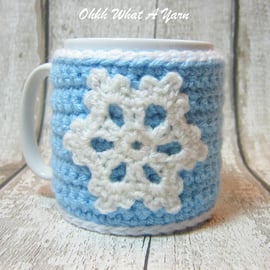 Crochet blue snowflake mug hug, mug cosy.