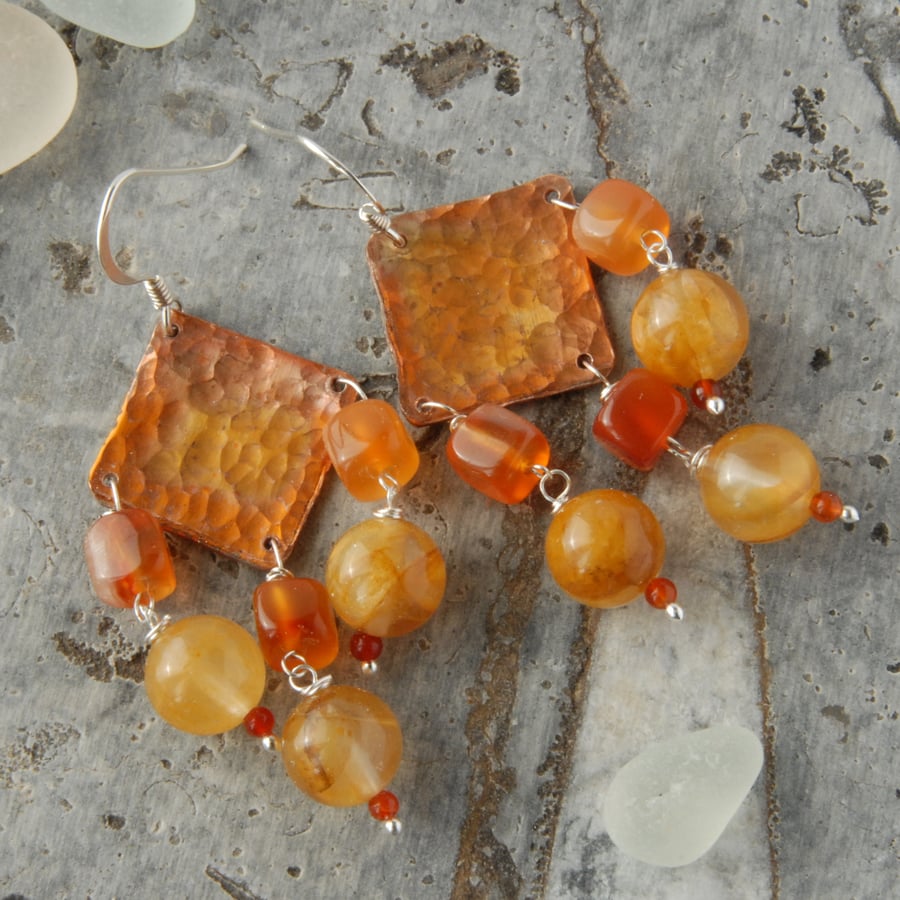 SALE - Copper, carnelian and honey quartz dangle earrings