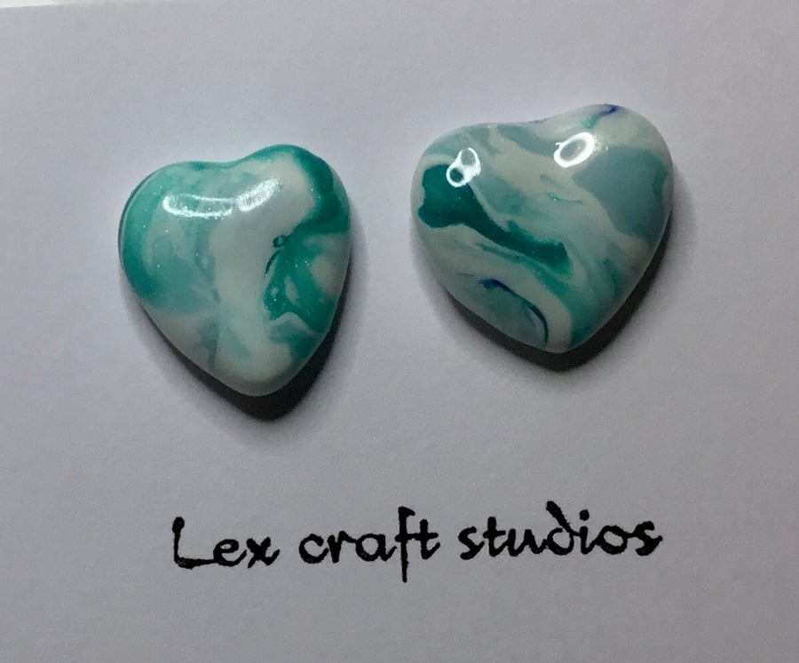 Handmade green watercolour heart earrings 