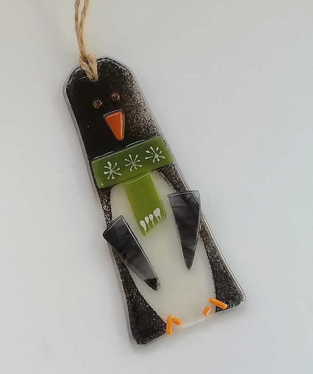 Festive penguin tree decoration, fused glass Christmas hanger, seasonal decor. 