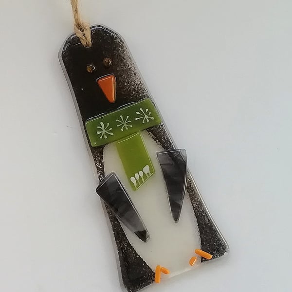 Festive penguin tree decoration, fused glass Christmas hanger, seasonal decor. 