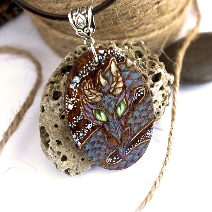 Friend or Foe. Dragon pendant, oval pyrography with colour wooden necklace.