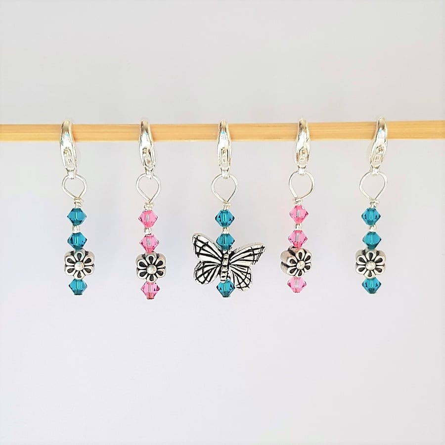 Crochet Stitch Markers (Pink & Blue, Butterfly & Flowers)