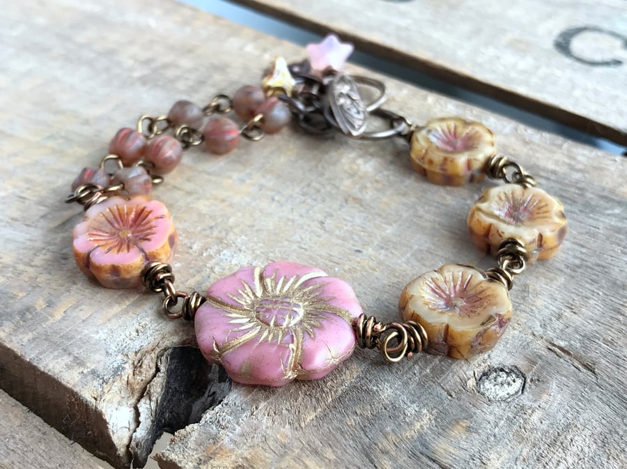 Rustic Czech Glass Flower Bracelet. Floral Bead Bracelet. Pink & Brown Bracelet
