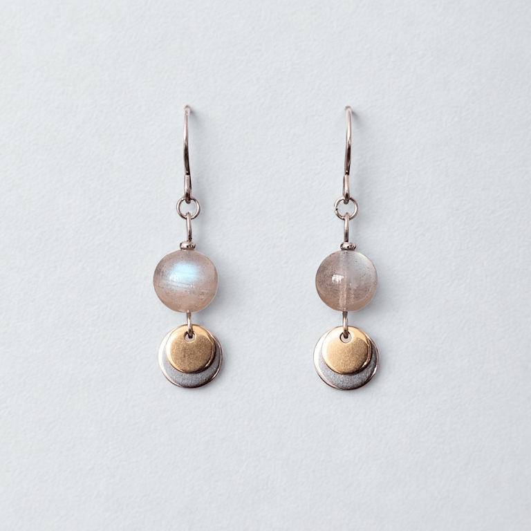 Earrings Labradorite Bead Disc Coin Charm Silver Stainless Steel Hypoallergenic