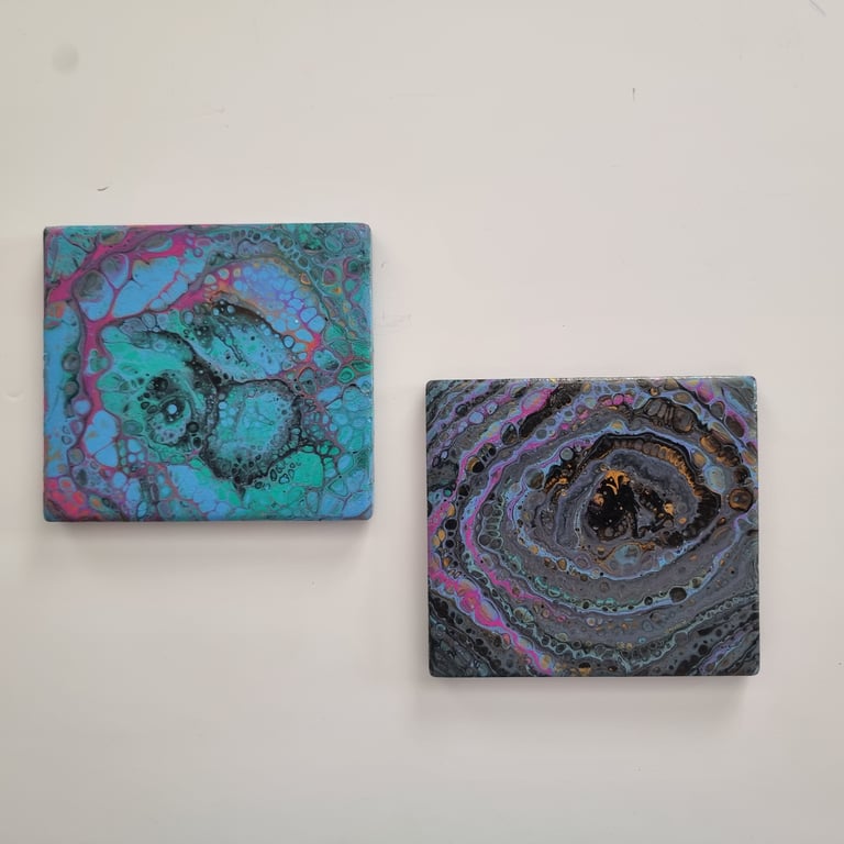 (19) Acrylic Art on a Pair of Ceramic Tile Square Coasters with Cork backing