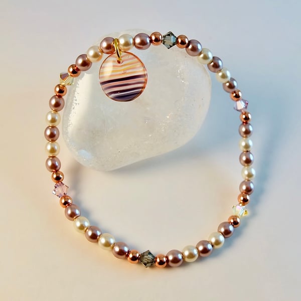 Czech Glass Pearl Bracelet With Crystals And Copper - Handmade In Devon