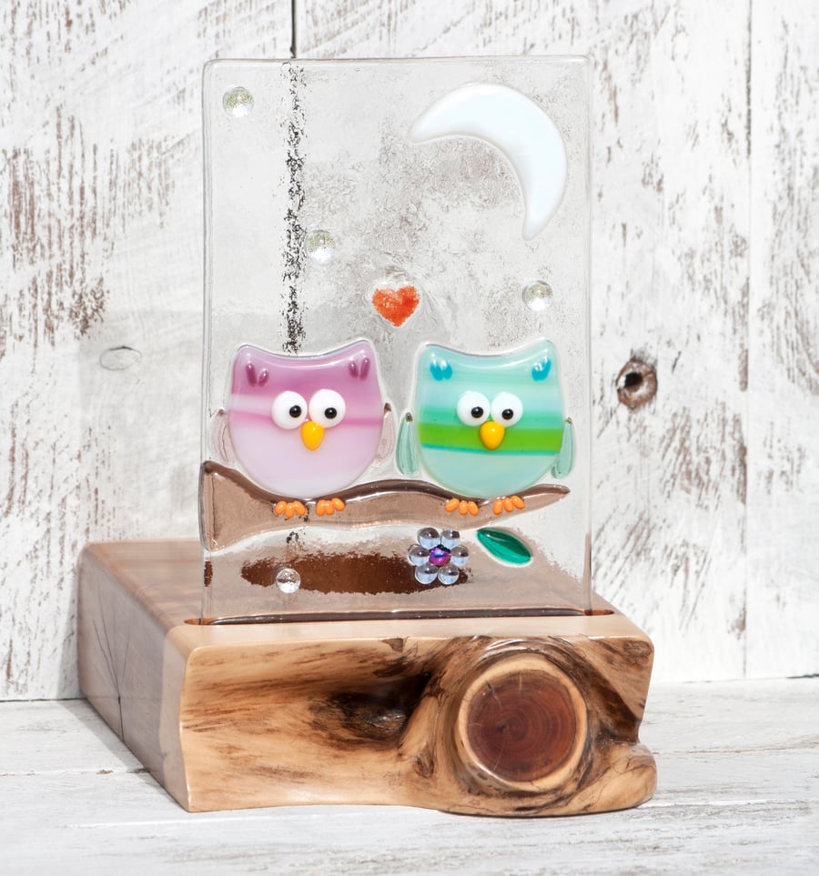 Fused Glass Owls sat under the Moon & Stars set in an Yew Tealight Holder