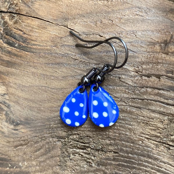 Blue & White Spot Enamel Teardrop Earrings. Sterling silver available