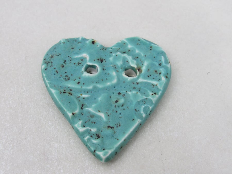 Medium Eggshell Blue Brocade Texture Heart Shaped Ceramic Button