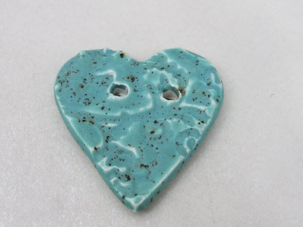 Medium Eggshell Blue Brocade Texture Heart Shaped Ceramic Button