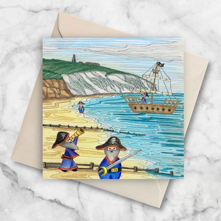 Pirates at Yaverland Beach, fun Isle of Wight Greetings Card