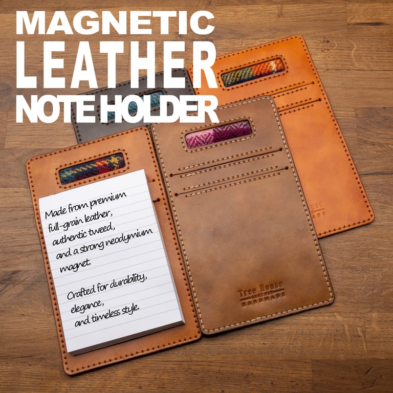 Handmade Magnetic Leather Note Holder with Harris Tweed Accent