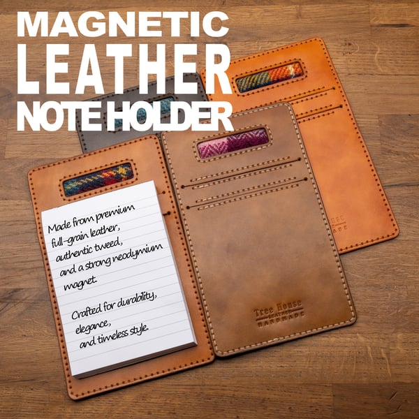 Handmade Magnetic Leather Note Holder with Harris Tweed Accent