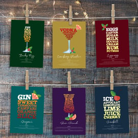 Set of 6 Cocktail Themed Christmas Cards