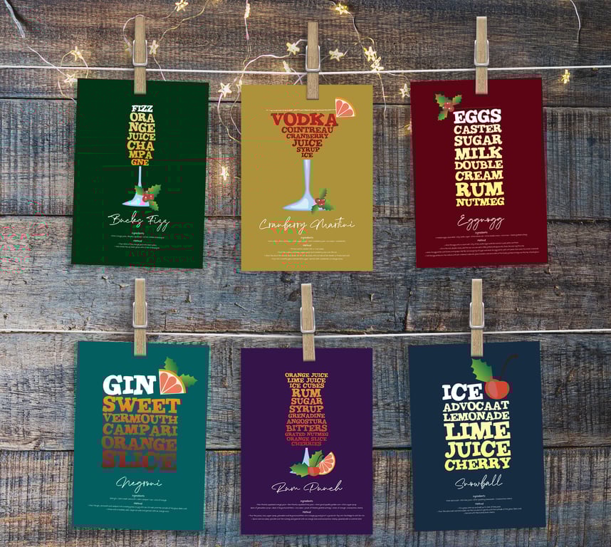 Set of 6 Cocktail Themed Christmas Cards