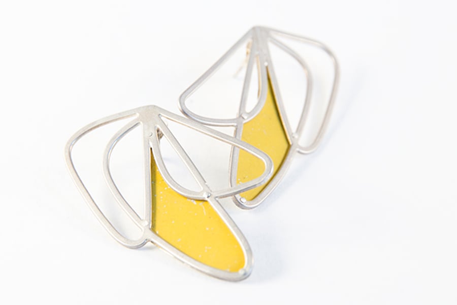 Medium Silver Abstract Wing Yellow Stud