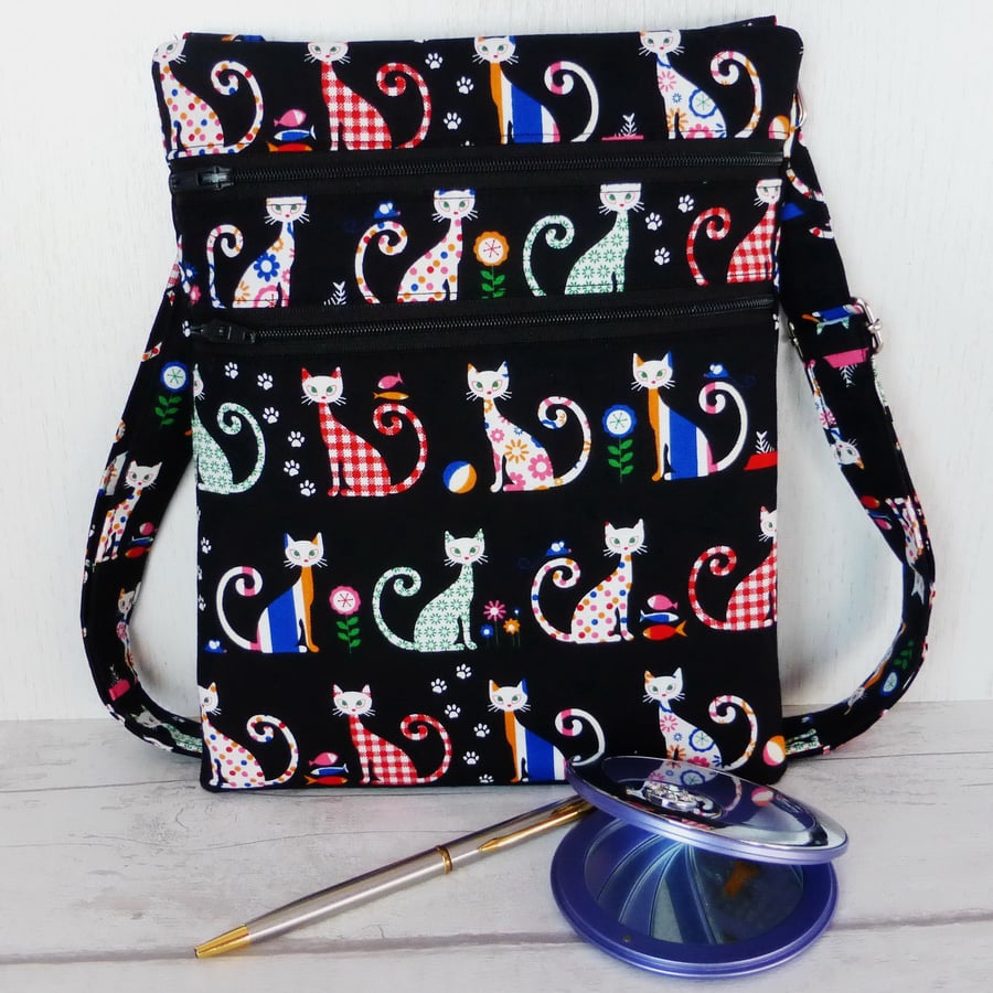 Cross body bag, shoulder bag, cats, double zipped