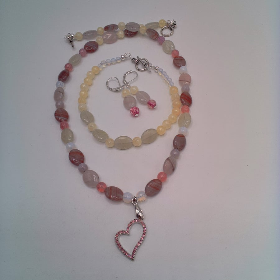 Pink Rhinestone Heart on a Pink Bead Necklace, Bracelet & Earrings, Gift for Her