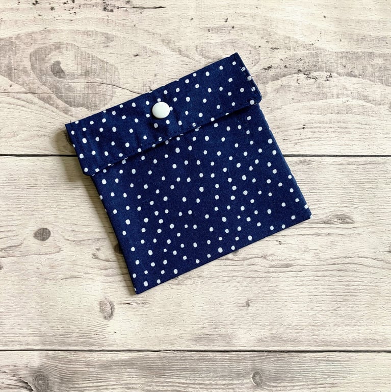 Sanitary pad pouch. Polka dot blue & white. Spotty themed.