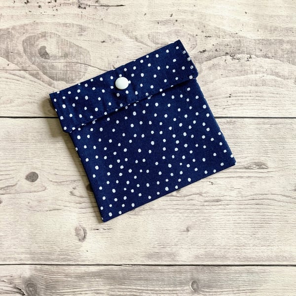 Sanitary pad pouch. Polka dot blue & white. Spotty themed.